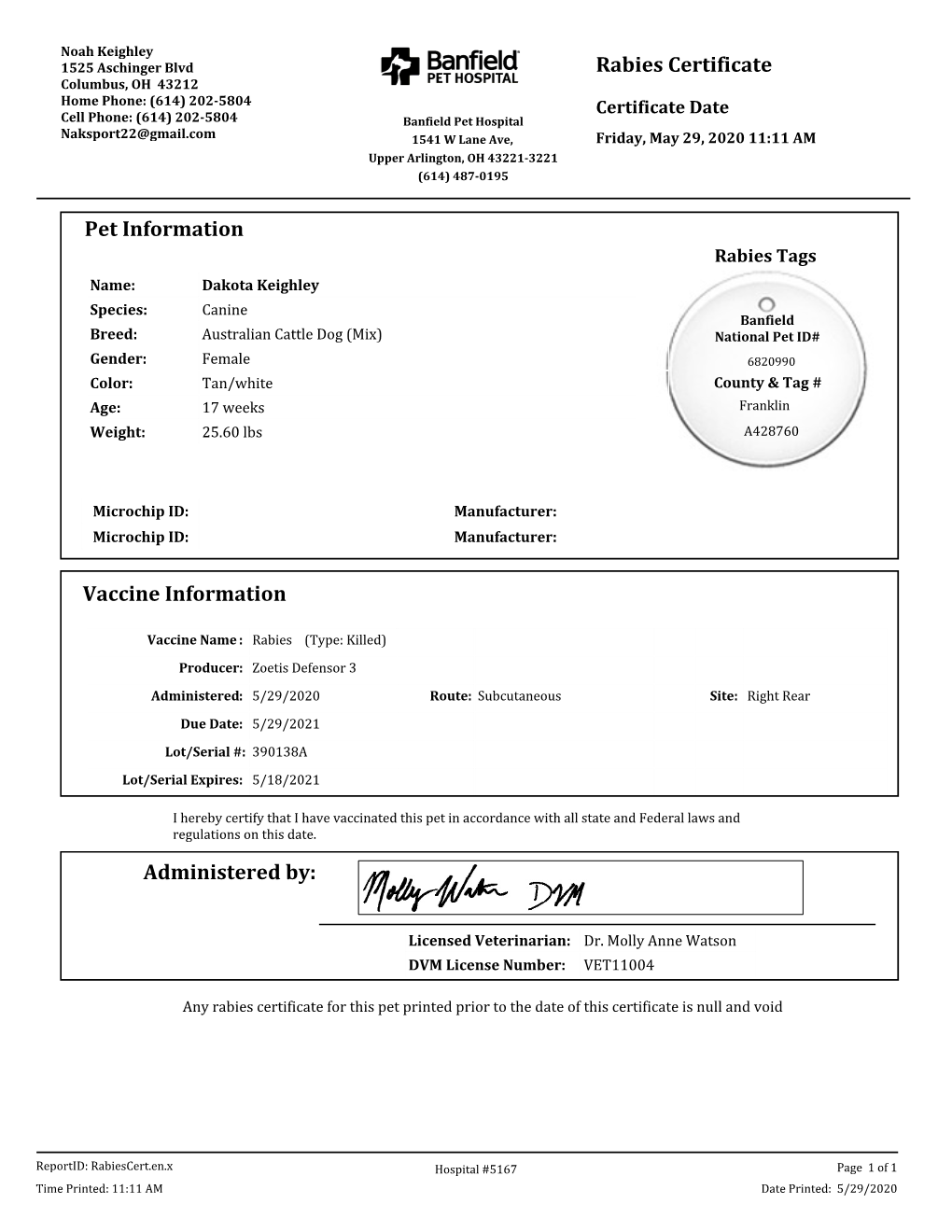 Pet Information Vaccine Information Administered By: Rabies Certificate