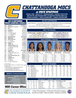 CHATTANOOGA MOCS at UNCG SPARTANS February 3, 2018 • 4:00 P.M