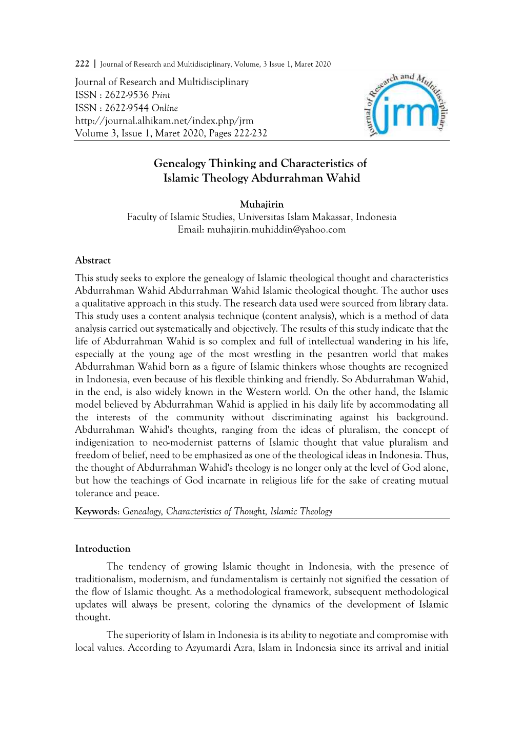 Genealogy Thinking and Characteristics of Islamic Theology Abdurrahman Wahid