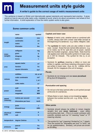 Measurement Units Style Guide a Writer’S Guide to the Correct Usage of Metric Measurement Units