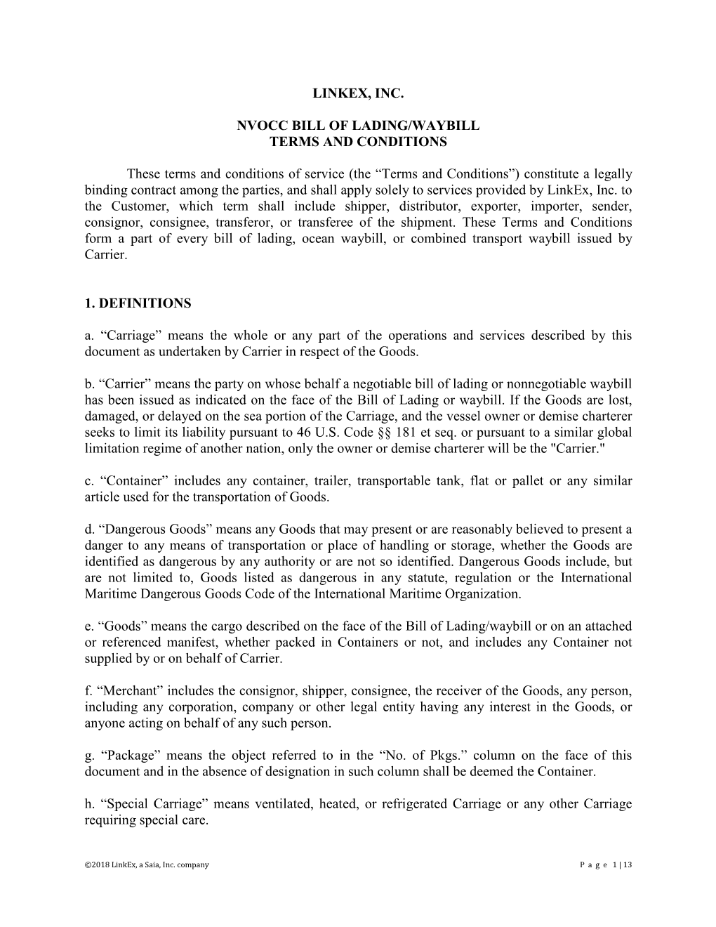 NVOCC Bill of Lading / Waybill Terms & Conditions