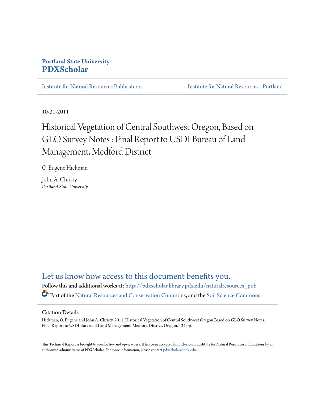 Historical Vegetation of Central Southwest Oregon, Based on GLO Survey Notes : Final Report to USDI Bureau of Land Management, Medford District