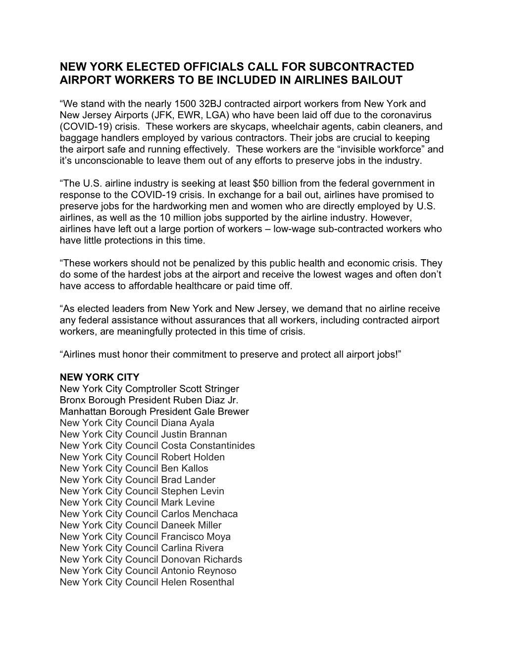 New York Elected Officials Call for Subcontracted Airport Workers to Be Included in Airlines Bailout