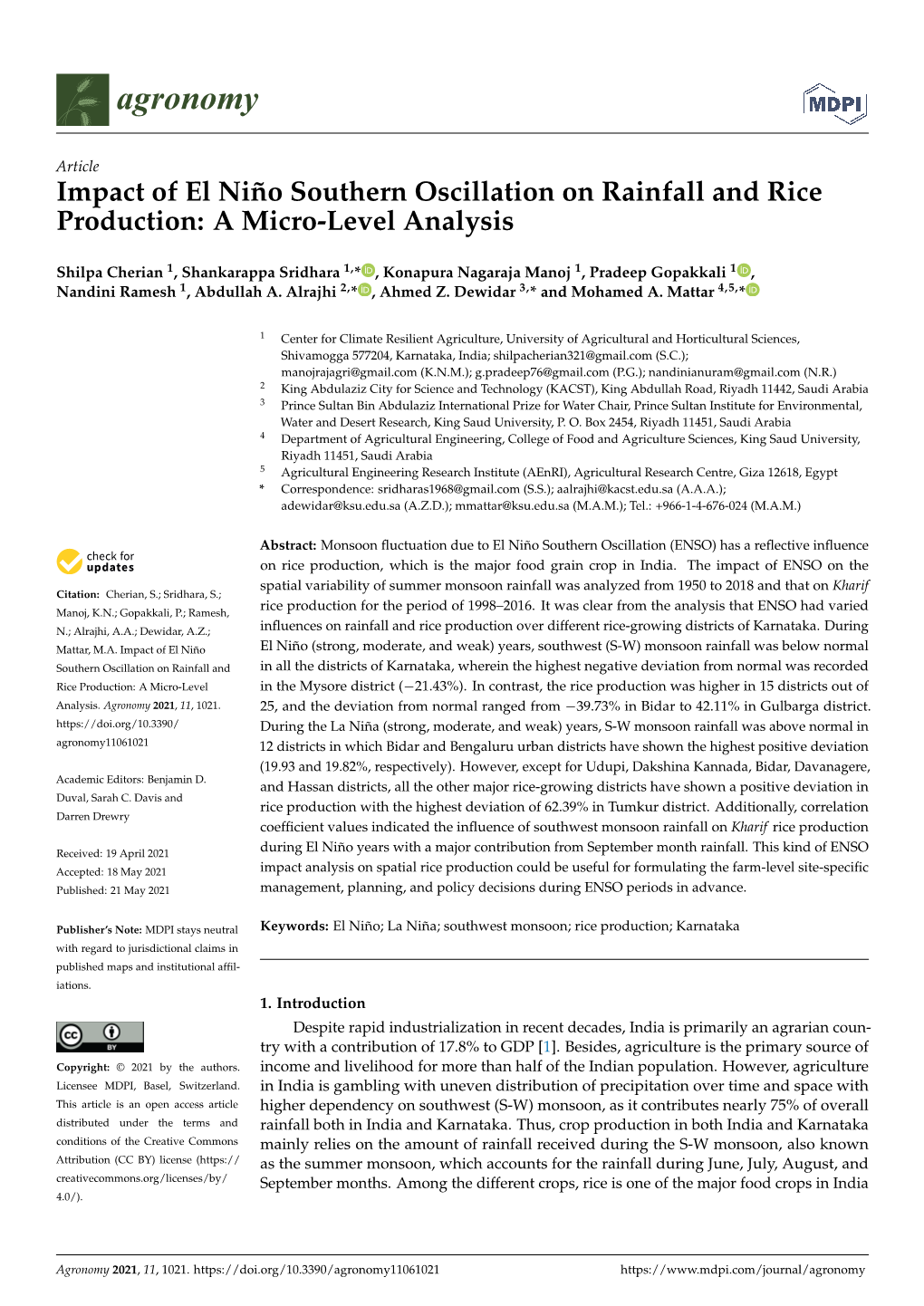 Impact of El Niño Southern Oscillation on Rainfall and Rice Production: a Micro-Level Analysis