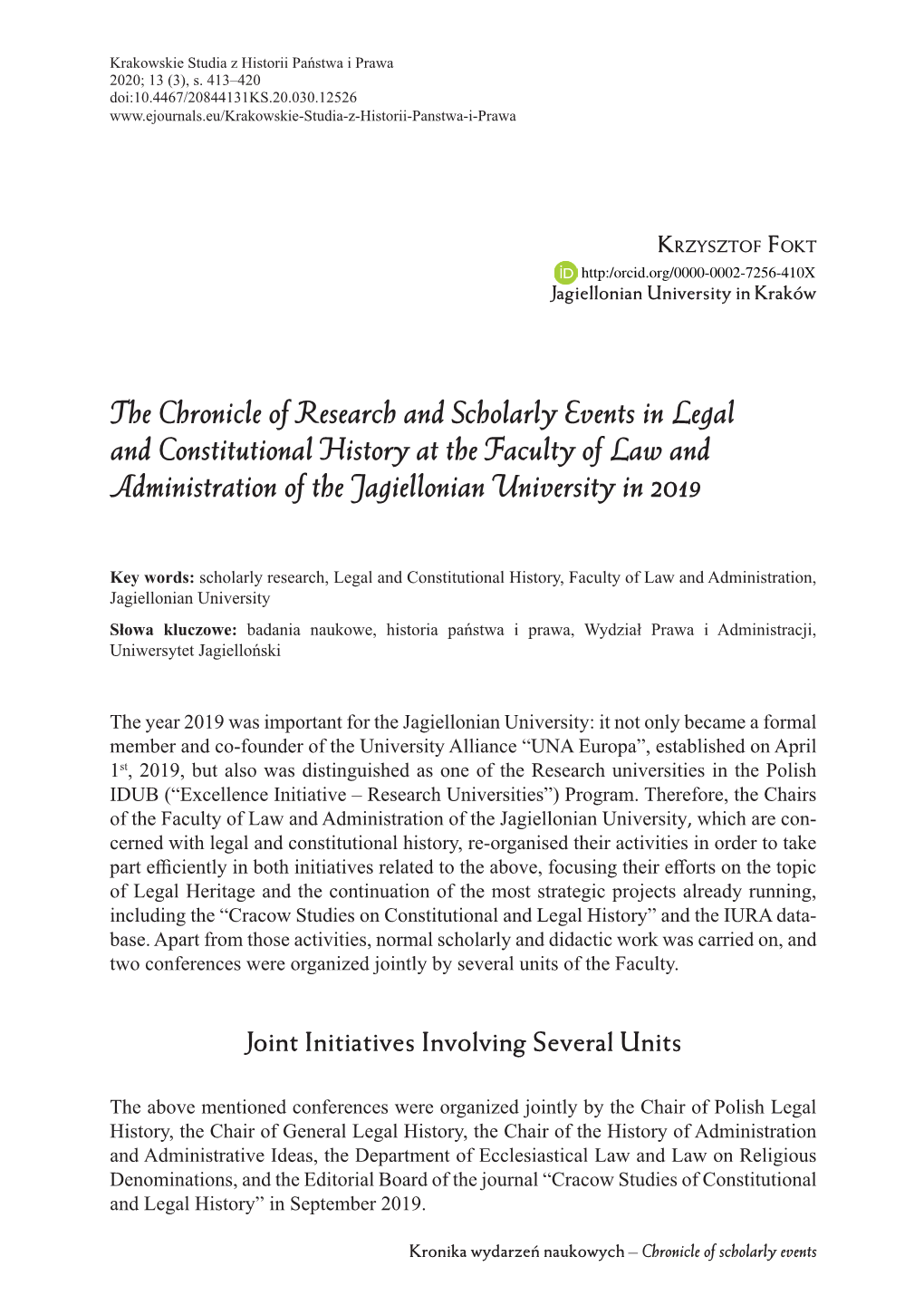 The Chronicle of Research and Scholarly Events in Legal and Constitutional History at the Faculty of Law and Administration of the Jagiellonian University in 2019