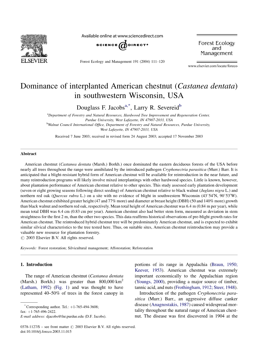 Dominance of Interplanted American Chestnut (Castanea Dentata) in Southwestern Wisconsin, USA Douglass F