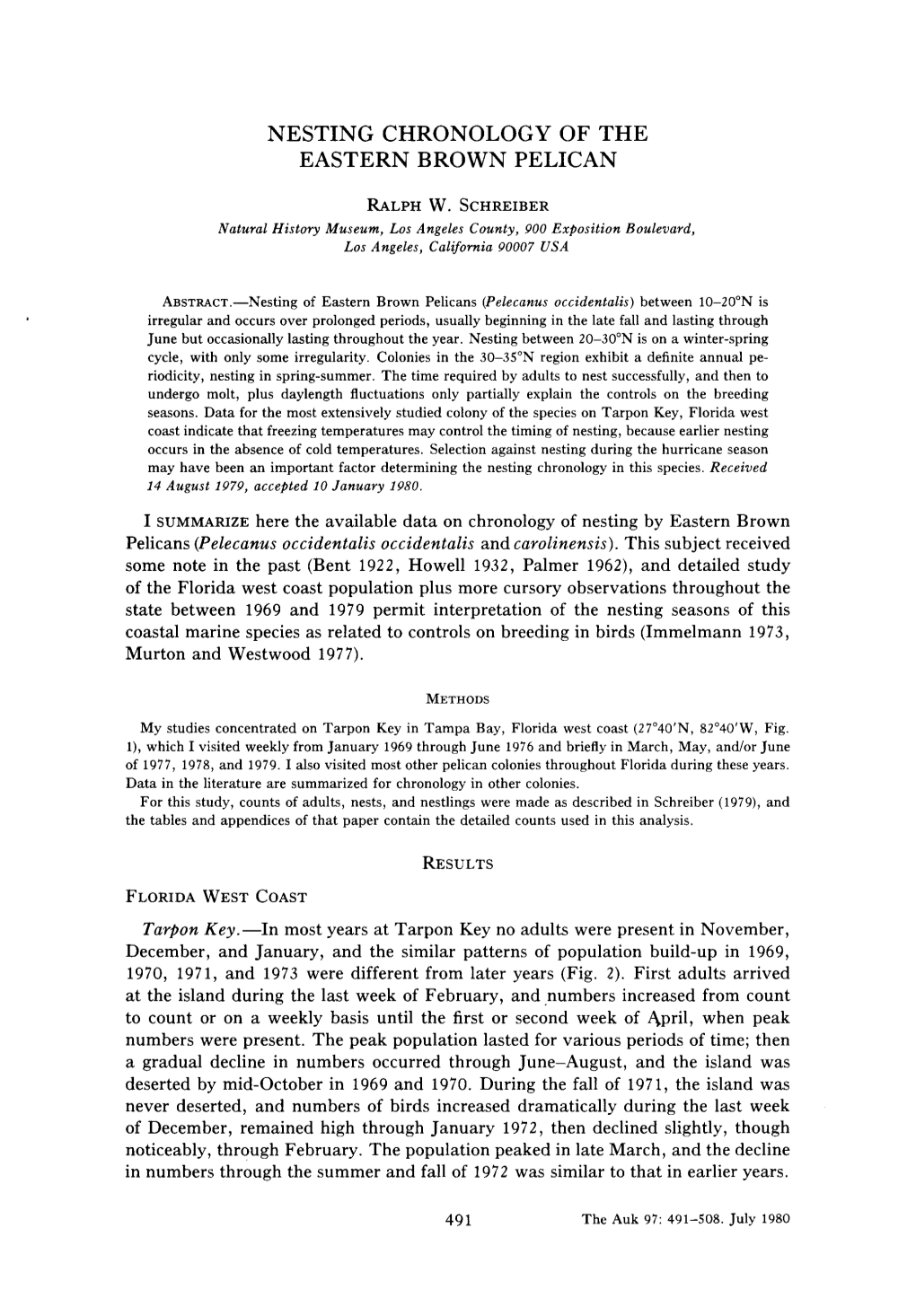 Nesting Chronology of the Eastern Brown Pelican