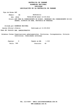 Que Crea El Corregimiento De Hicaco, Segregado Del Corregimiento De Rio Grande, Distrito De Sona, Provincia De Veraguas