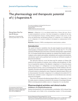 The Pharmacology and Therapeutic Potential of (-)-Huperzine A