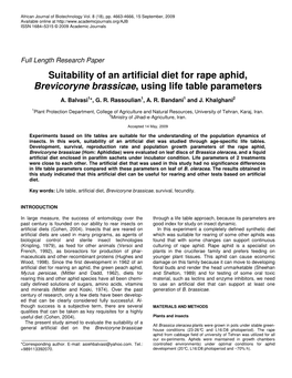 Suitability of an Artificial Diet for Rape Aphid, Brevicoryne Brassicae, Using Life Table Parameters