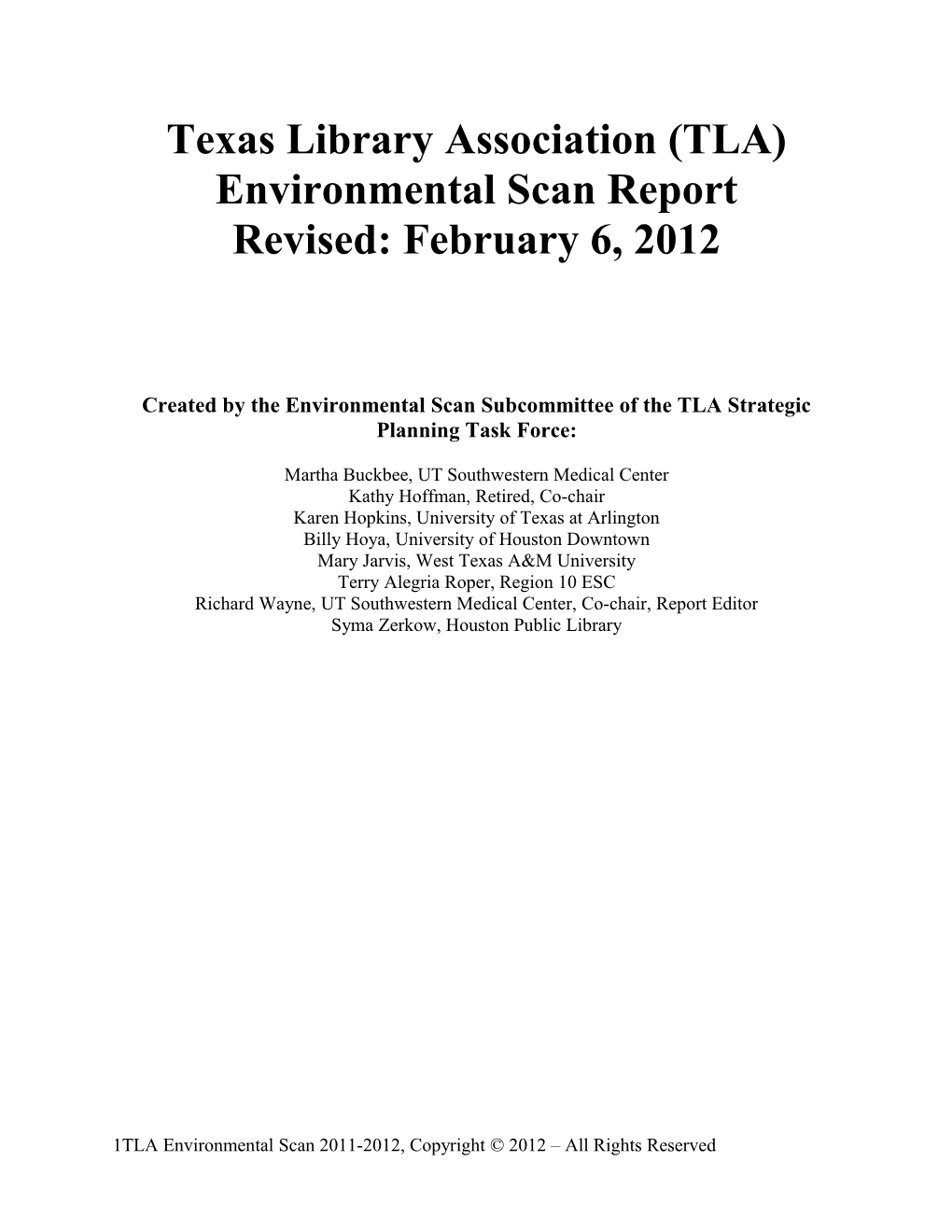 Texas Library Association (TLA) Environmental Scan Report Draft