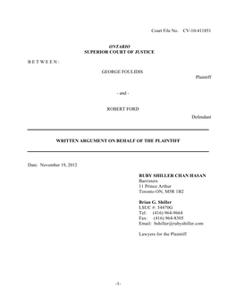 1- Court File No. CV-10-411851 ONTARIO SUPERIOR COURT OF
