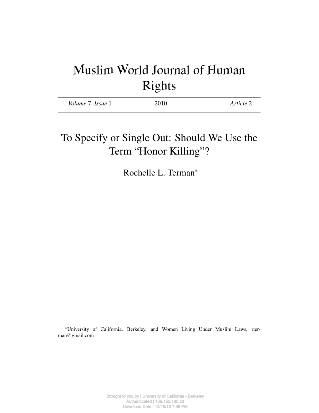 To Specify Or Single Out: Should We Use the Term "Honor Killing"?