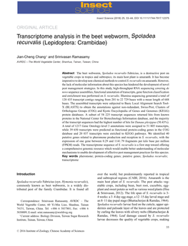 Transcriptome Analysis in the Beet Webworm, Spoladea Recurvalis (Lepidoptera: Crambidae)