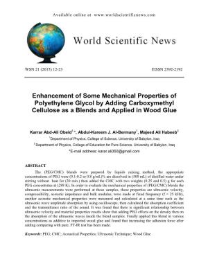 Enhancement of Some Mechanical Properties of Polyethylene Glycol by Adding Carboxymethyl Cellulose As a Blends and Applied in Wood Glue