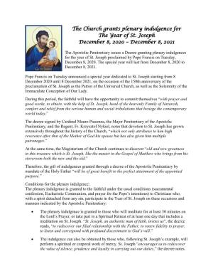 The Church Grants Plenary Indulgence for the Year of St. Joseph December 8, 2020 – December 8, 2021