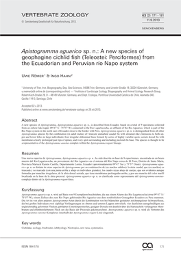 Apistogramma Aguarico Sp. N.: a New Species of Geophagine Cichlid Fish (Teleostei: Perciformes) from the Ecuadorian and Peruvian Río Napo System