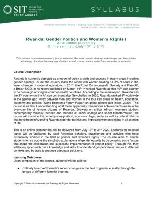 Rwanda: Gender Politics and Women’S Rights I AFRS-3000 (3 Credits) Online Seminar: (July 13 Th to 31St)
