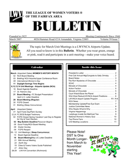 BULLETIN Founded in 1925 Meeting Continuously Since 1946 March 2007 4026 Hummer Road #214 Annandale, Virginia 22003 Volume 59 Issue 7