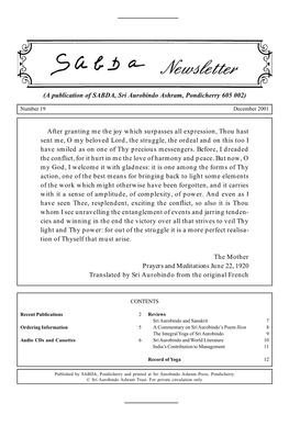 A Publication of SABDA, Sri Aurobindo Ashram, Pondicherry 605 002)