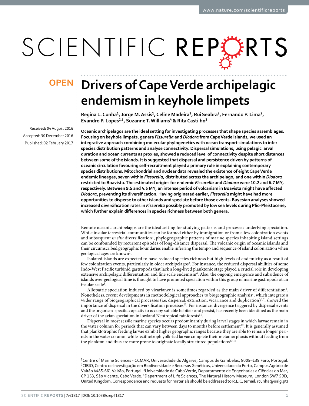 Drivers of Cape Verde Archipelagic Endemism in Keyhole Limpets Regina L