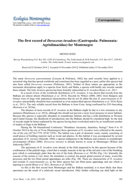 The First Record of Deroceras Invadens (Gastropoda: Pulmonata: Agriolimacidae) for Montenegro