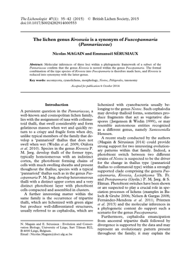 The Lichen Genus Kroswia Is a Synonym of Fuscopannaria (Pannariaceae)