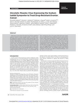 Oncolytic Measles Virus Expressing the Sodium Iodide Symporter to Treat Drug-Resistant Ovarian Cancer Evanthia Galanis1,2, Pamela J