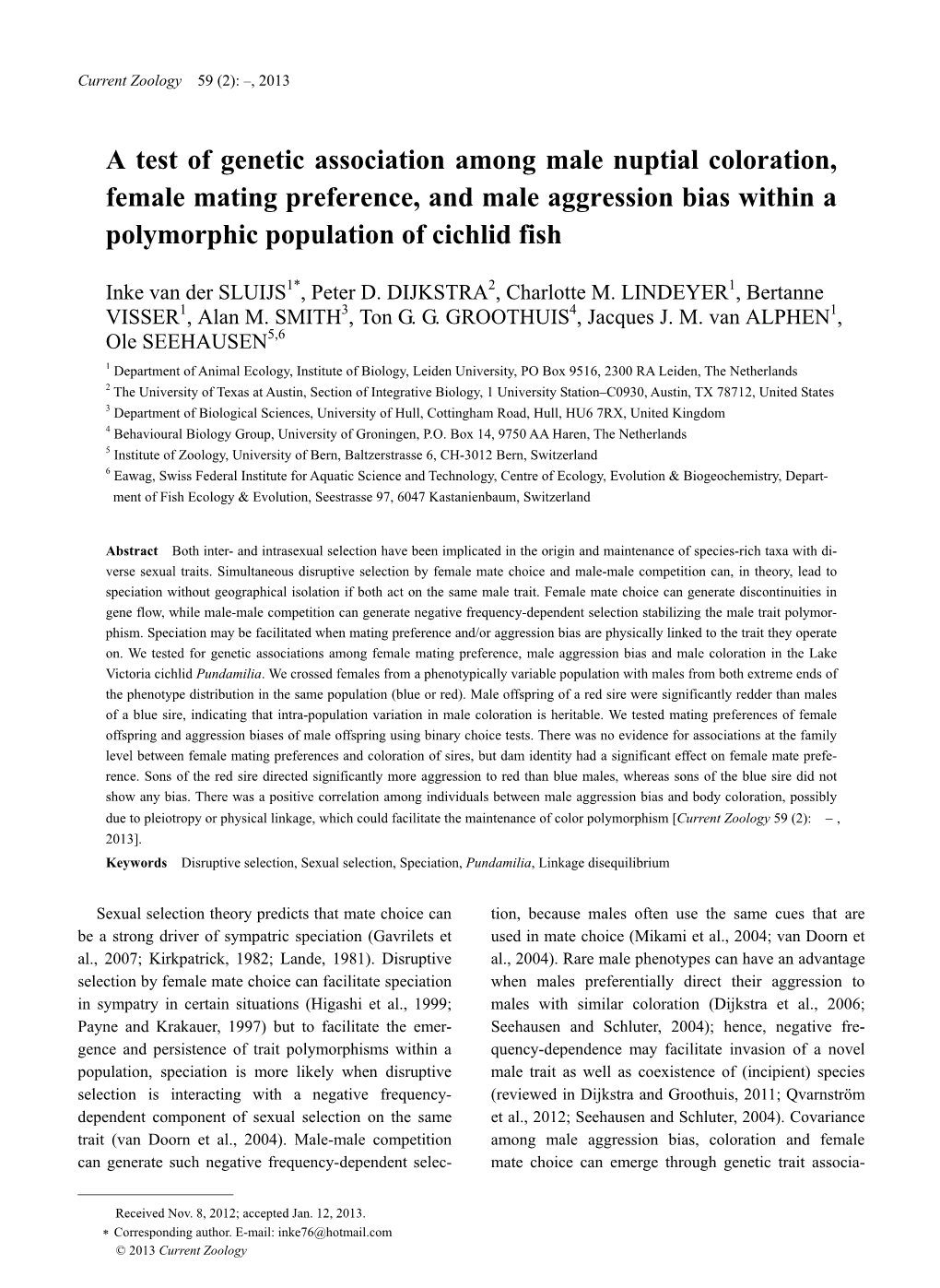 A Test of Genetic Association Among Male Nuptial Coloration, Female Mating Preference, and Male Aggression Bias Within a Polymorphic Population of Cichlid Fish