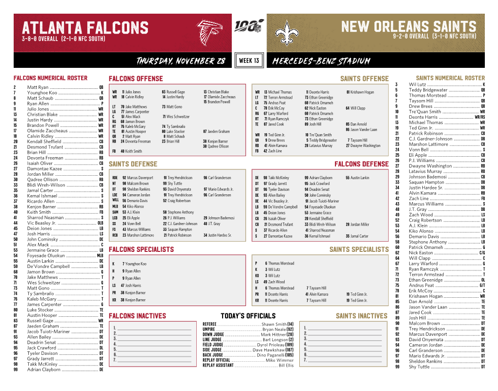 Atlanta Falcons New Orleans Saints 3-8-0 Overall (2-1-0 Nfc South) 9-2-0 Overall (3-1-0 Nfc South)