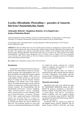 Leeches (Hirudinida: Piscicolidae) – Parasites of Antarctic Fish from Channichthyidae Family