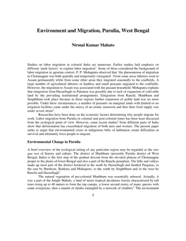 Environment and Migration, Purulia, West Bengal
