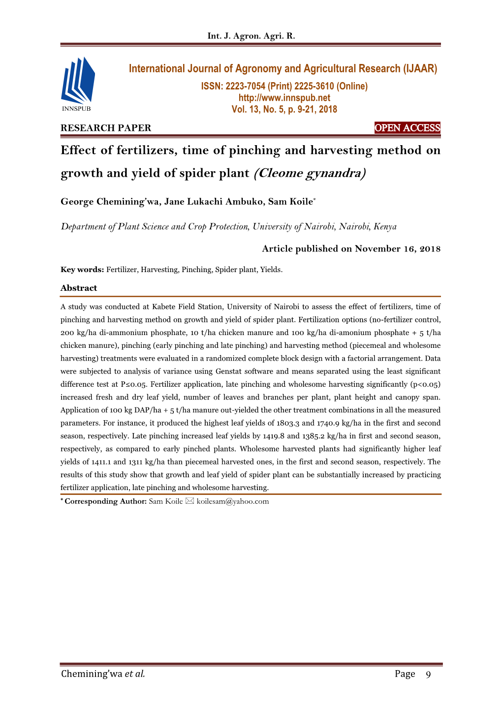 Effect of Fertilizers, Time of Pinching and Harvesting Method on Growth and Yield of Spider Plant (Cleome Gynandra)