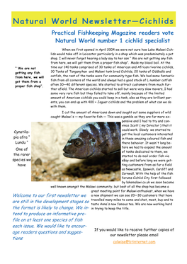 Natural World Newsletter—Cichlids Practical Fishkeeping Magazine Readers Vote Natural World Number 1 Cichlid Specialist