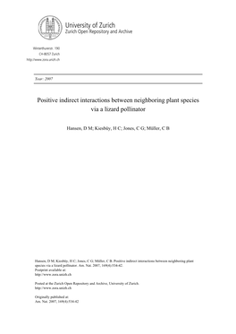 Positive Indirect Interactions Between Neighboring Plant Species Via a Lizard Pollinator. Am