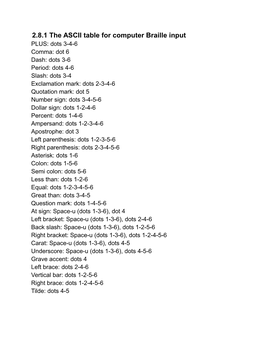 2.8.1 the ASCII Table for Computer Braille Input