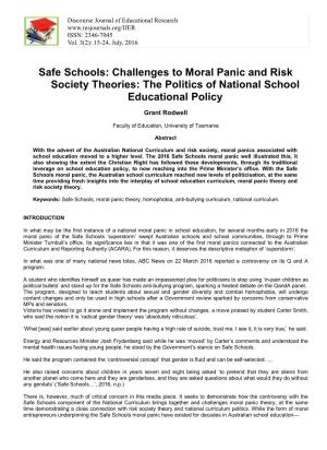 Safe Schools: Challenges to Moral Panic and Risk Society Theories: the Politics of National School Educational Policy