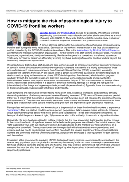 British Politics and Policy at LSE: How to Mitigate the Risk of Psychological Injury to COVID-19 Frontline Workers Page 1 of 2