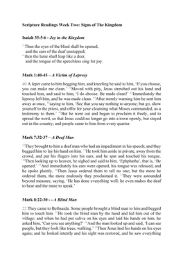 Scripture Readings Week Two: Signs of the Kingdom Isaiah 35:5-6