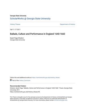 Ballads, Culture and Performance in England 1640-1660