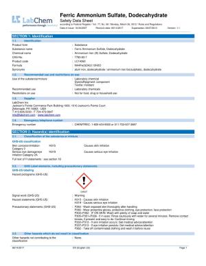 Ferric Ammonium Sulfate, Dodecahydrate Safety Data Sheet According to Federal Register / Vol