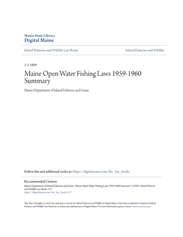 Maine Open Water Fishing Laws 1959-1960 Summary Maine Department of Inland Fisheries and Game