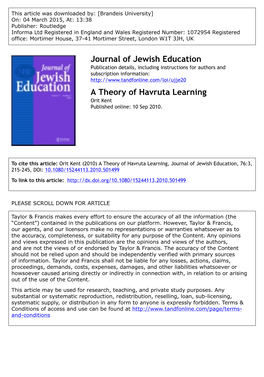 Journal of Jewish Education a Theory of Havruta Learning