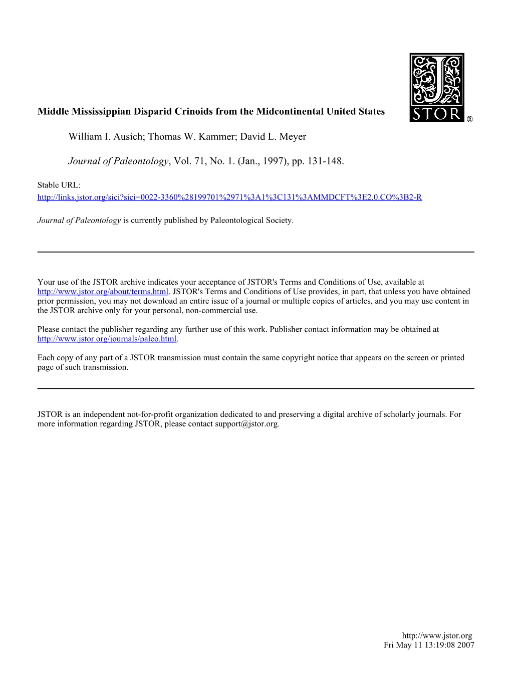 Middle Mississippian Disparid Crinoids from the Midcontinental United States