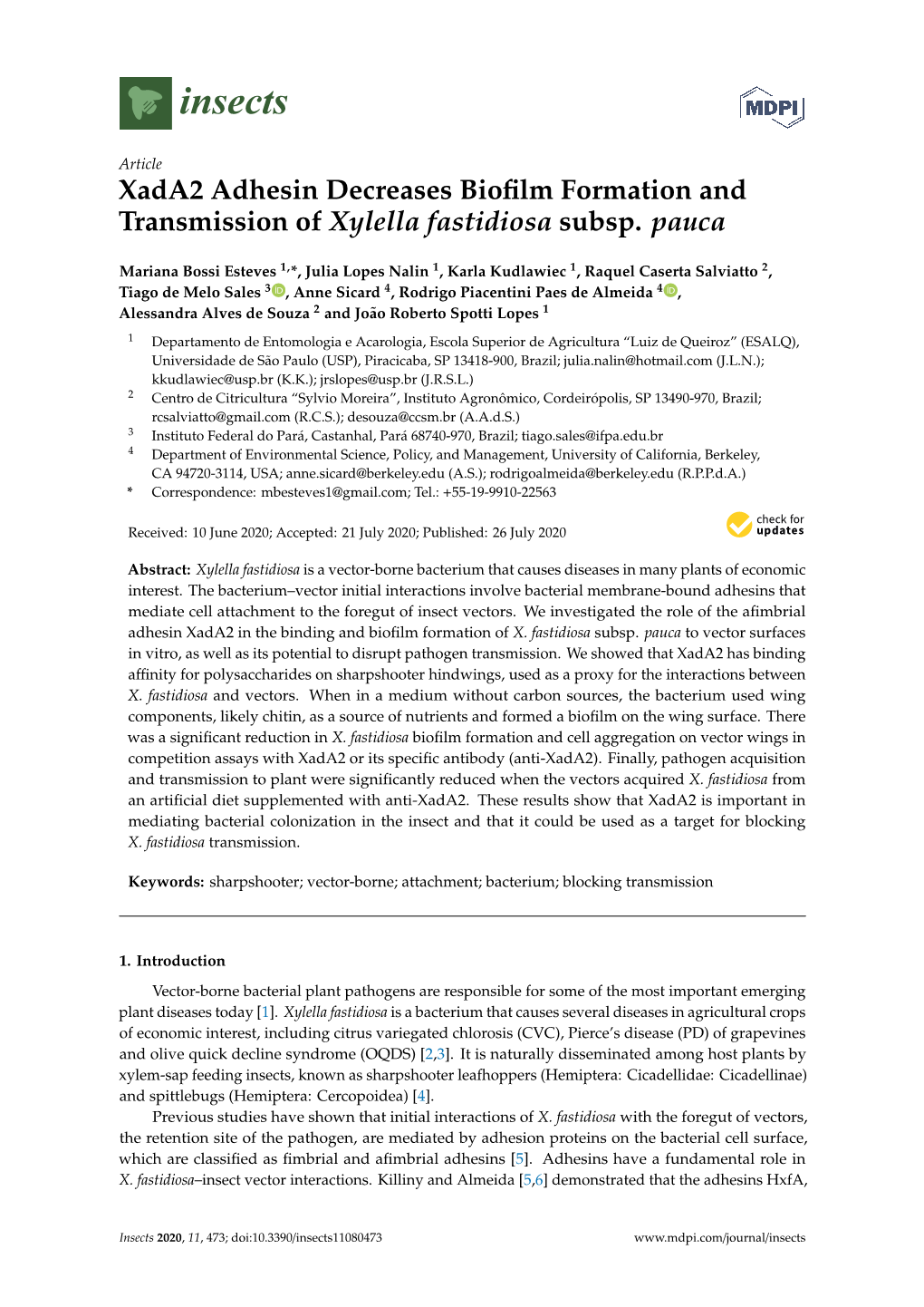 Xada2 Adhesin Decreases Biofilm Formation and Transmission Of