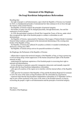 Statement of the Riigikogu on Iraqi Kurdistan Independence Referendum