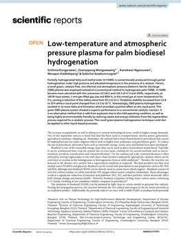 Low-Temperature and Atmospheric Pressure Plasma for Palm Biodiesel