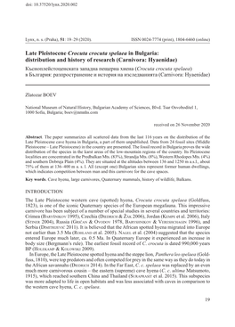 Late Pleistocene Crocuta Crocuta Spelaea in Bulgaria: Distribution
