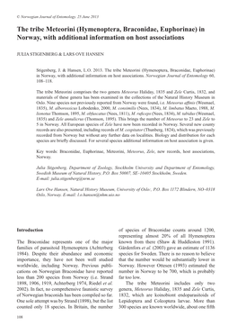 Hymenoptera, Braconidae, Euphorinae) in Norway, with Additional Information on Host Associations