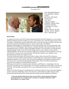 Cinesarnia Presents BEGINNERS November 6 & 7